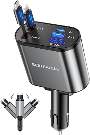 BERTHALESS Retractable 4 in 1 Fast Car Charger