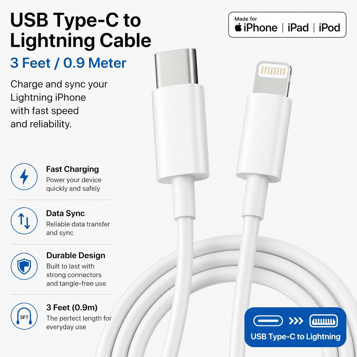 Type C - Lightening cable (3 feet) iPhone