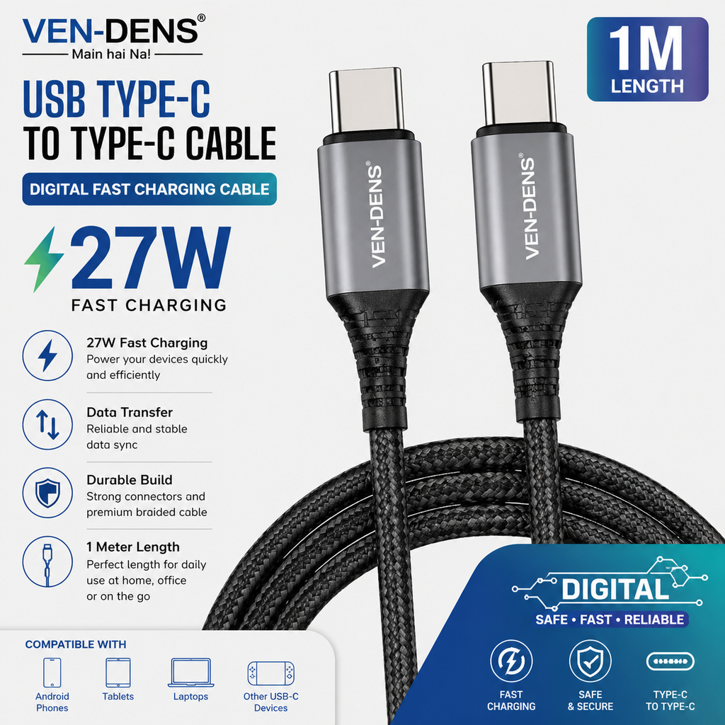 Ven -dens Type C to Type C cable digital 27w (1M length)