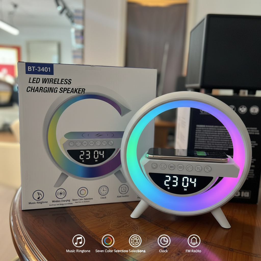 BT-3401 LED Wireless Charging Speaker with Alarm Clock & FM Radio